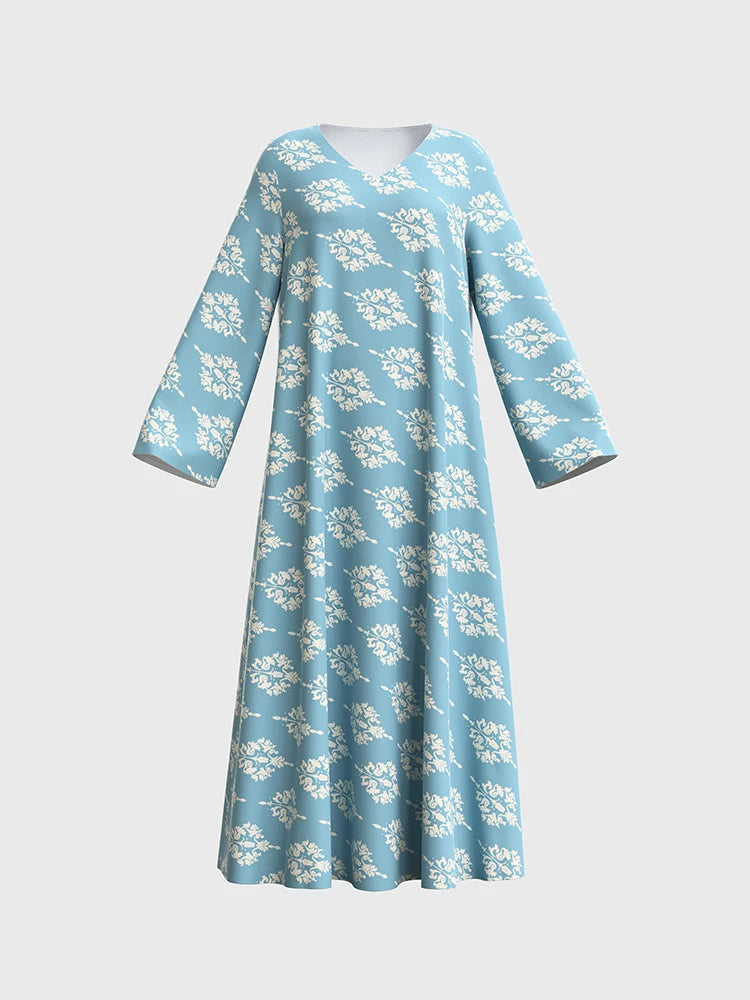 Rafiah Women's Summer Arabian Dress Comfortable Full Print Long Sleeve V-Neck Casual Loose Fit Long Dresses Evening Dresses 2025