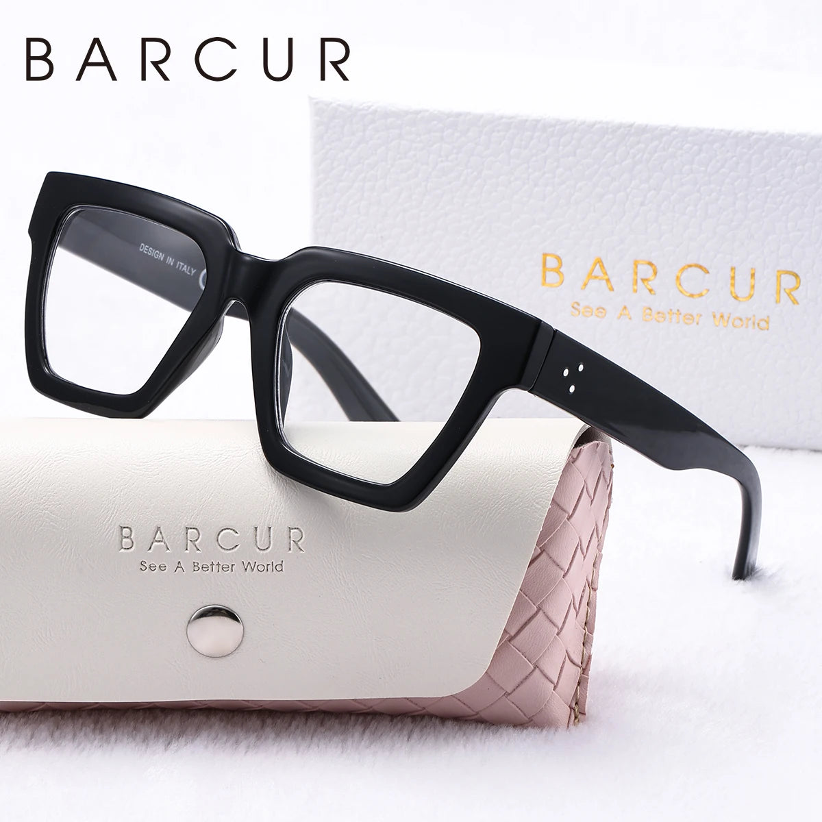 BARCUR Women Large Frame Pink Reading Glasses PC Square Thick Frame Reading Multiple Degree Optional Men Glasses White Gift Box