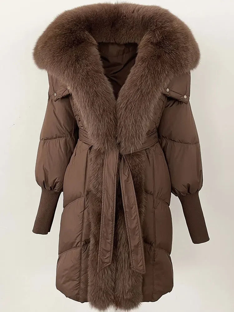 2025 Autumn Winter Women Coat Real Natural Fox Fur Long Down Jacket Thick Warm Casual Hooded White Duck Down Elegant Overwears