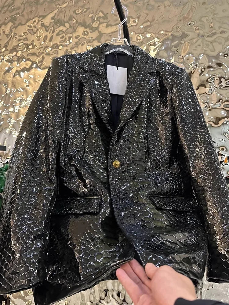 Luxury Mens Genuine Leather Coat Long Sleeve Turn-Down Collar Designer New Fashion Casual Snake Pattern Sheepskin Suit Jacket