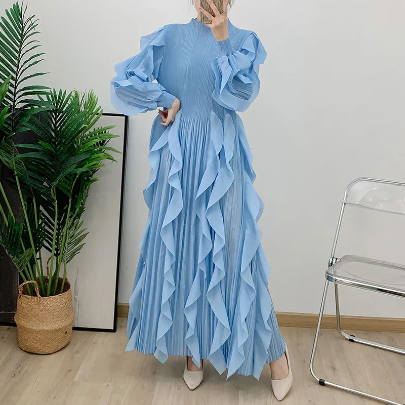 Fashion Ruffles Pleated Dress Women Round Neck Flare Sleeves Solid Maxi Belt Dresses Party 2025 Autumn New