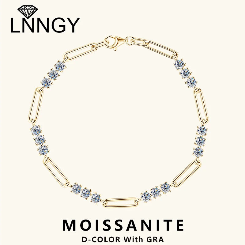 Lnngy Certified Round 3MM Moissanite Bracelet For Women 925 Sterling Silver Adjustable Chain Bracelets Fashion Hand Jewelry Gift