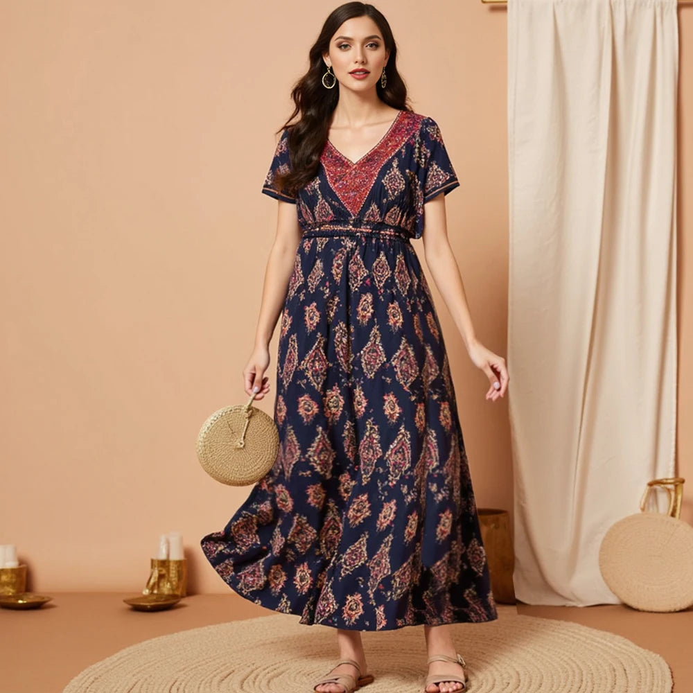 Rafiah Summer Women's Arabian Dresses 2025 Traditional Elegant Geometric Print Short Sleeve V-Neck A-Line Evening Dresses