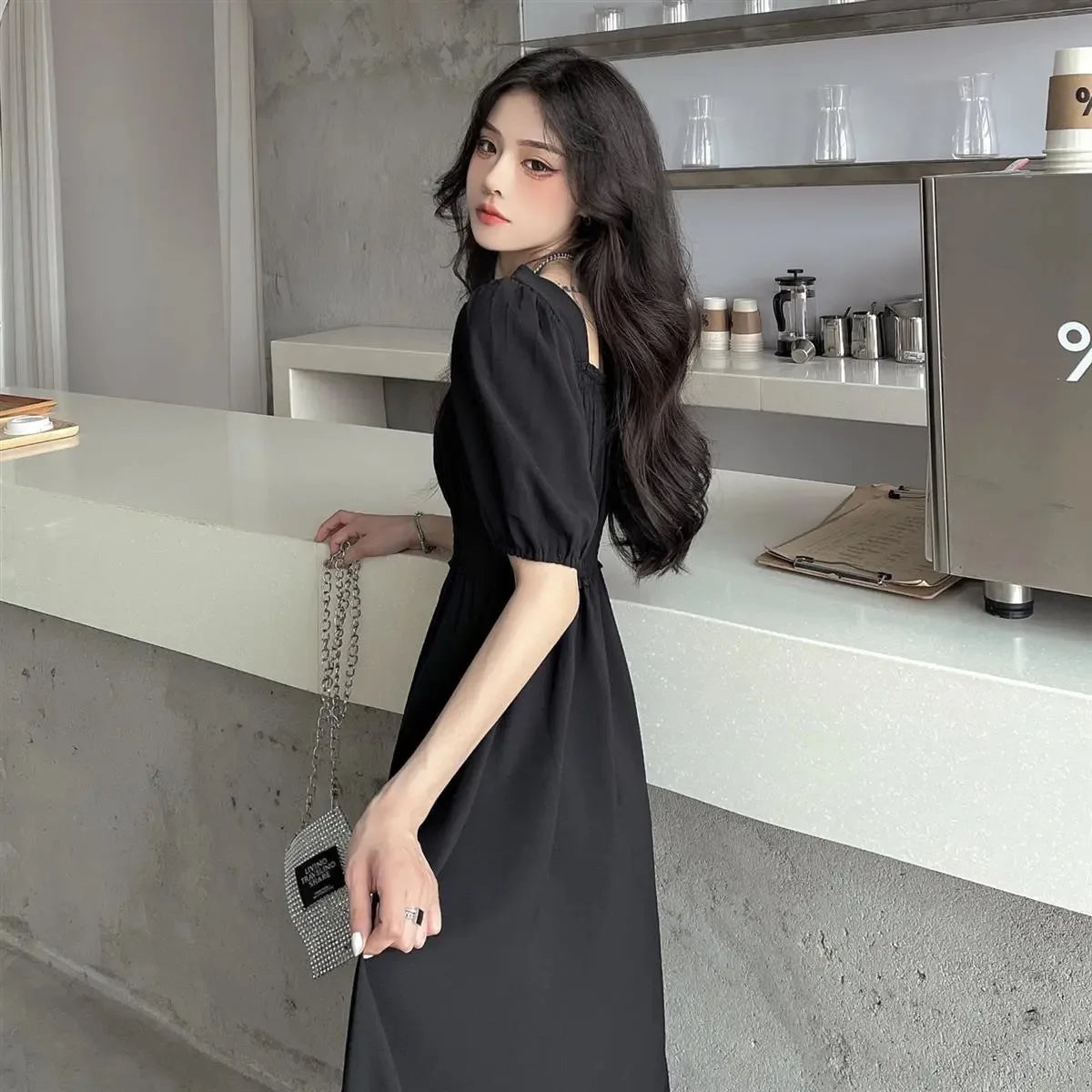 Sweet Retro Hepburn Sle Square Collar Dr Waist-Cinching Long Bla Dr Initial Love Tea Break Faionable Summer Dr