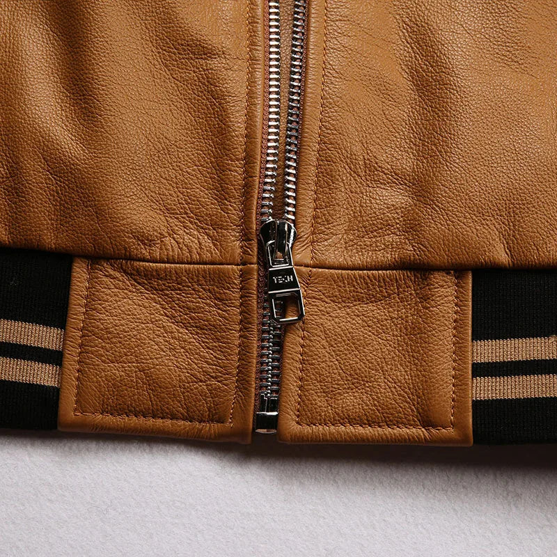 Men large size leather jacket flight suit jacket printed big chief embroidery casual sports yellow cowhide leather jackets tops