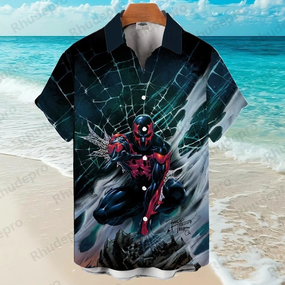 Disney Spider-Man Superhero Cartoon Hawaiian Shirt Print Men's Lapel Short Sleeve Single Shirt Casual Trendy Versatile