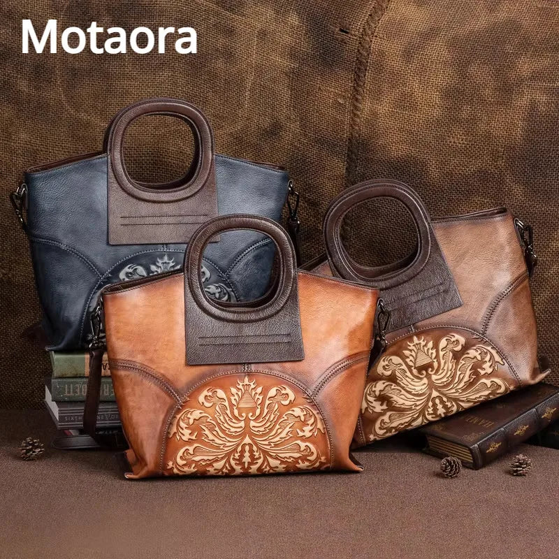 MOTAORA Genuine Leather Luxury Shoulder Bags for Women, Vintage Handmade Designer Cowhide Handbags with Embossed Details
