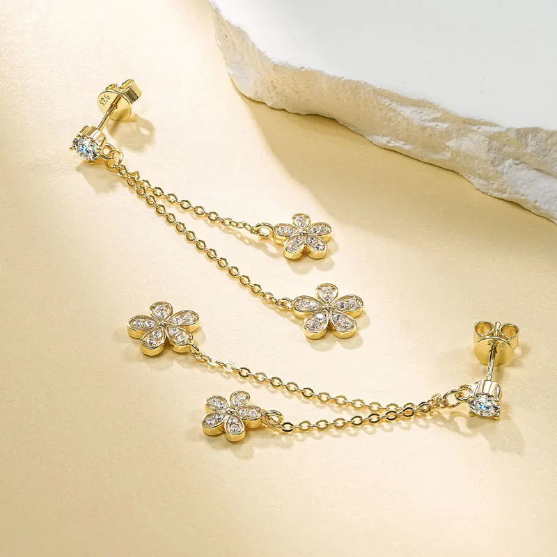 Lnngy Certified D0.30CT Moissanite Flower Earring With GRA Genuine 925 Sterling Silver Tassel Earring For Women Chain Jewelry