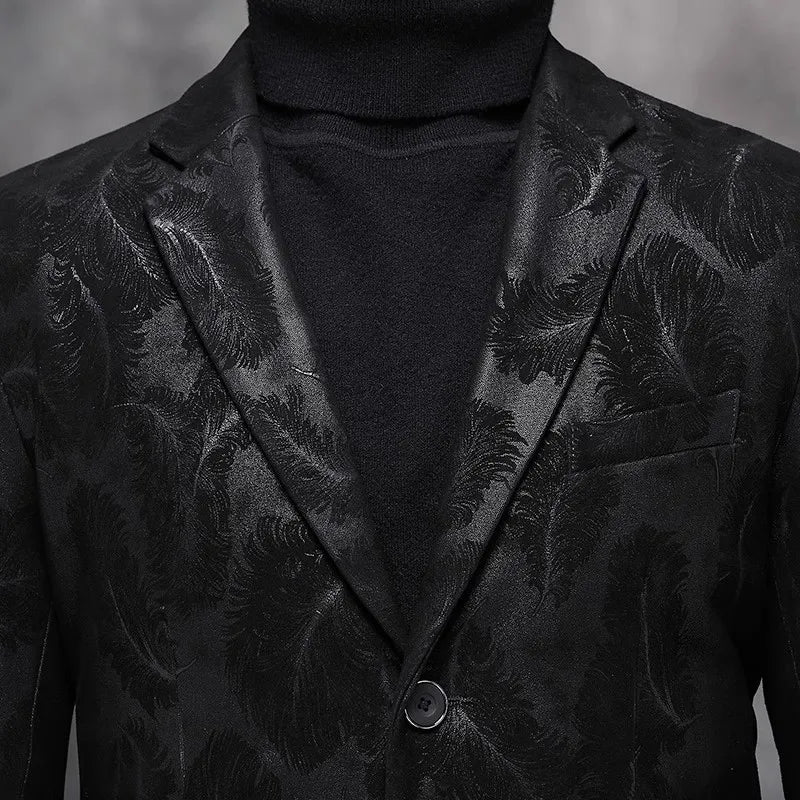 Business Men Work Slim Fit Real Sheepskin Genuine Leather Jacket Spring Autumn Floral Printed Single Breasted Blazer Suit Coat