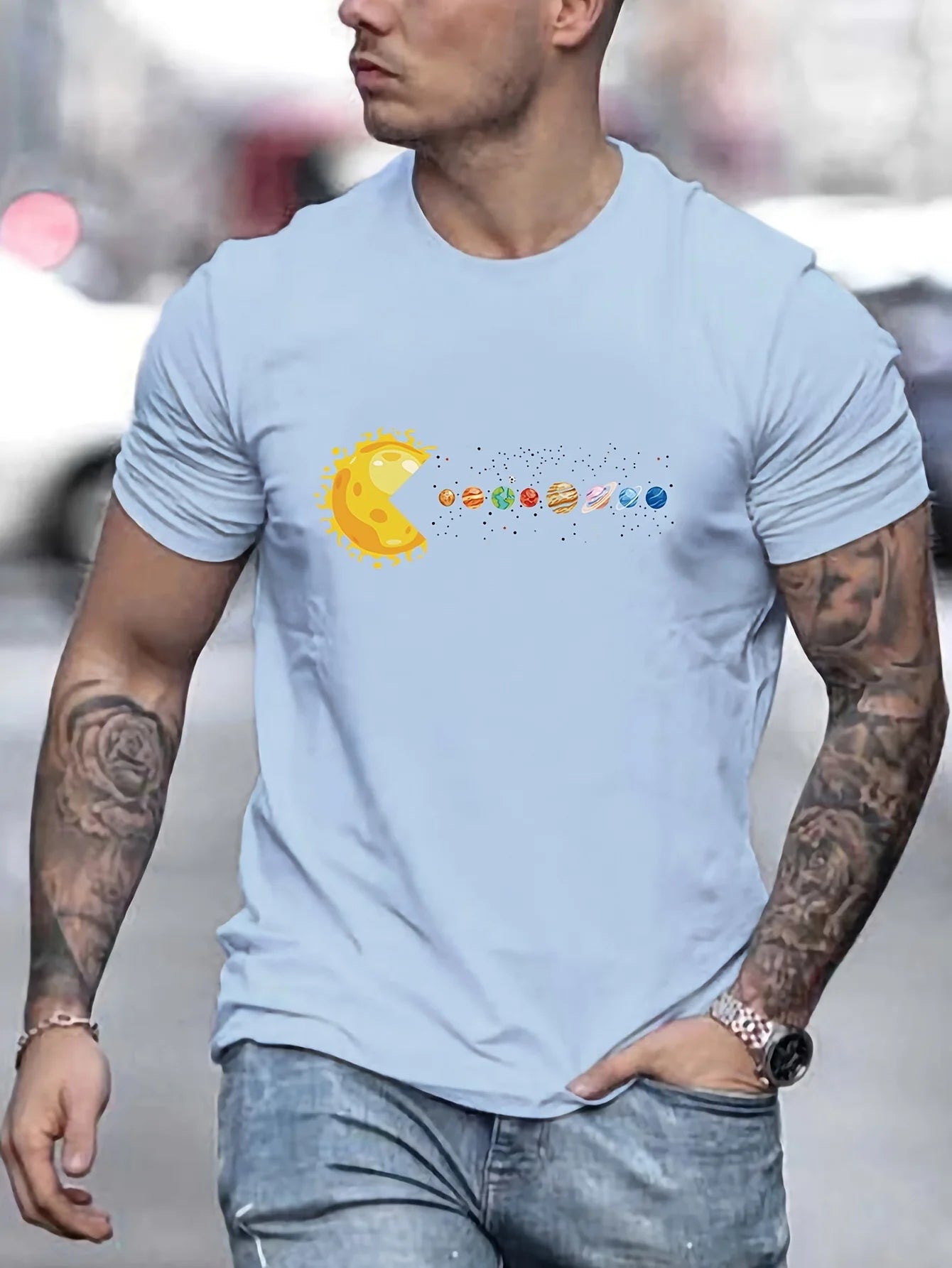 Men's 100% pure cotton summer loose and comfortable casual pac man style sun planets 🪐 eaten printed round neck short sleeved T-shirt top