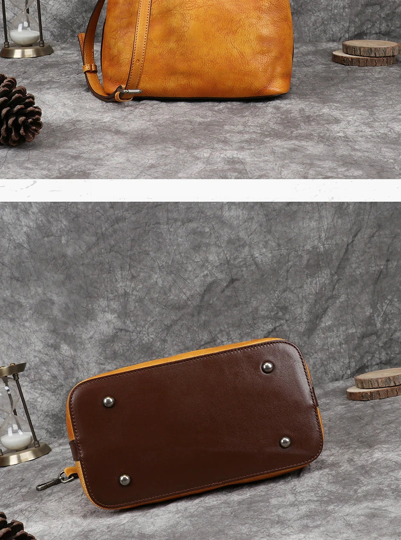 MOTAORA Women's Vintage Bucket Bag Genuine Top-Grain Leather Handmade Purse Luxury Designer Casual Office Travel Shoulder Bag