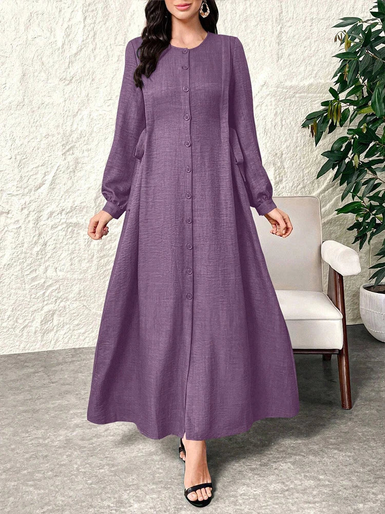 Rafiah Casual Arabic Style Single-Breasted Dress with Side Knot and Round Neck in Solid Color for Women Casual Daily A-Line