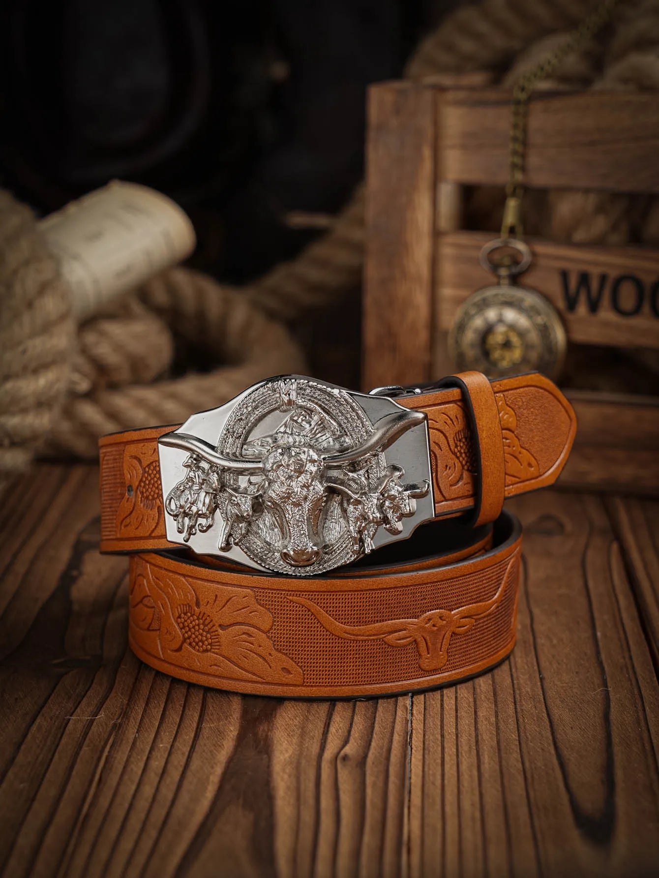 Western Cowboy PU Leather Belt - Men Waist Strap Bull Decoration Floral Engraved for Jeans