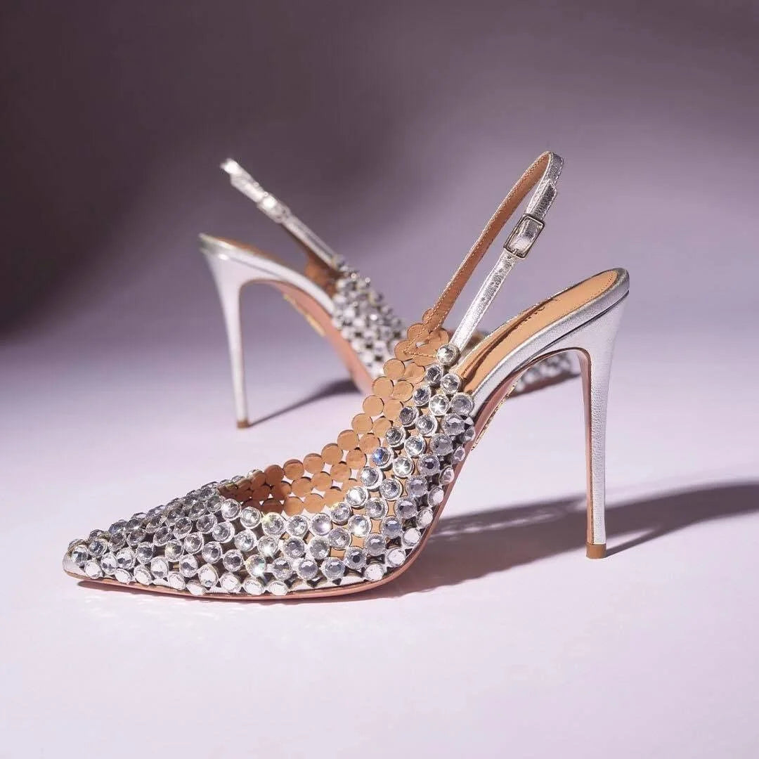 Silver Water Drop Shiny Diamond Slingback Sandals Girls Luxury Party Pointed Stilettos Gold Leather Cover Heels Shoes