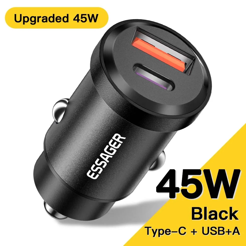 شاحن سيارة Essager USB 30 وات، شحن سريع 4.0، QC PD 3.0 SCP 5A، USB Type C، شحن سريع للسيارة، مناسب لأجهزة iPhone 14 13، Huawei، Samsung، Xiaomi