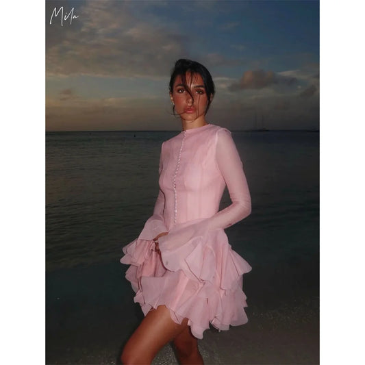 Mila O-Neck Mini Wedding Party Dress 2025 Long Sleeve A-Line Customized Evening Dresses Zip Cascading Ruffle vestidos de fiesta