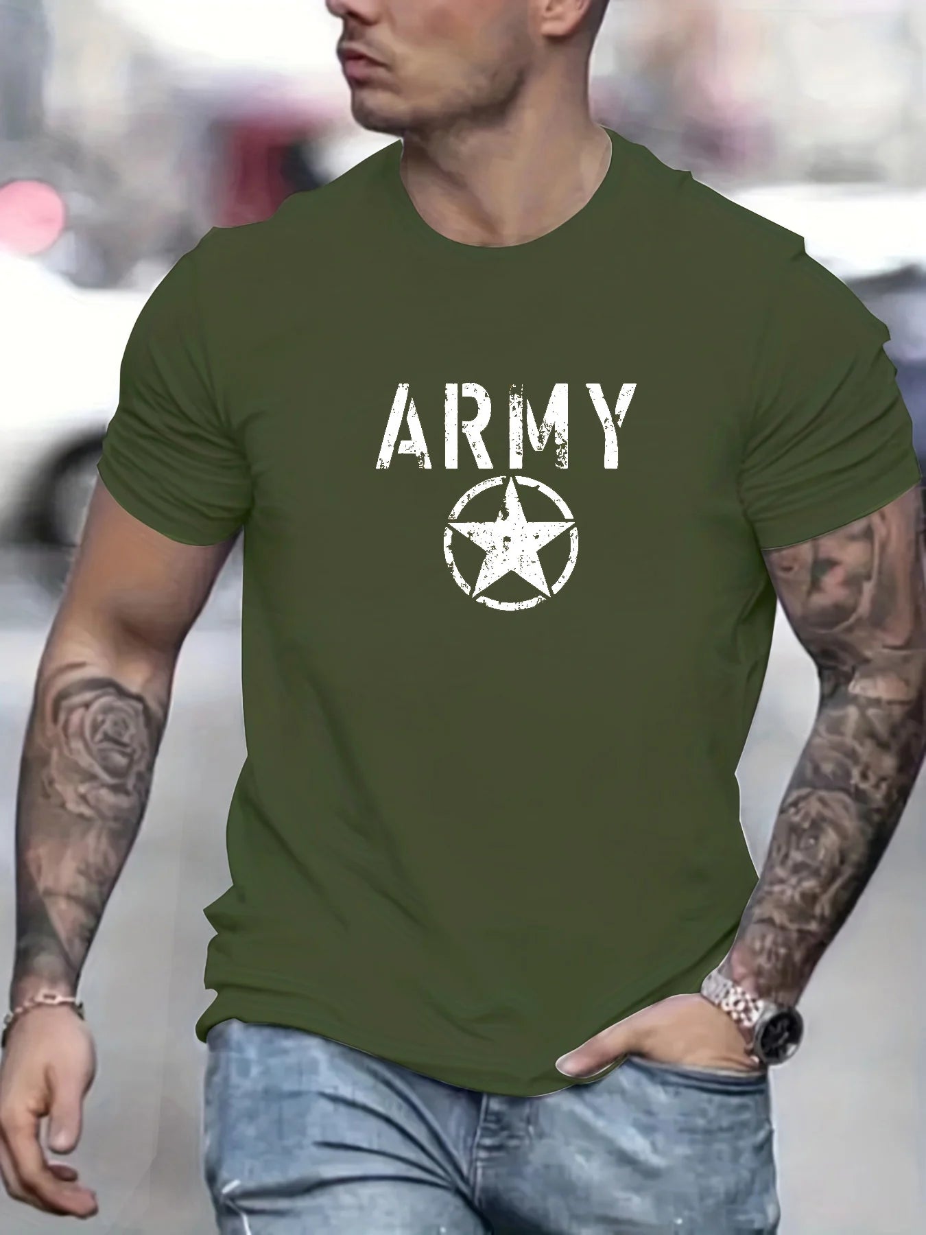 Men's summer 100 cotton fashionable casual loose sports ARMY and five pointed star printed round neck short sleeved T-shirt top