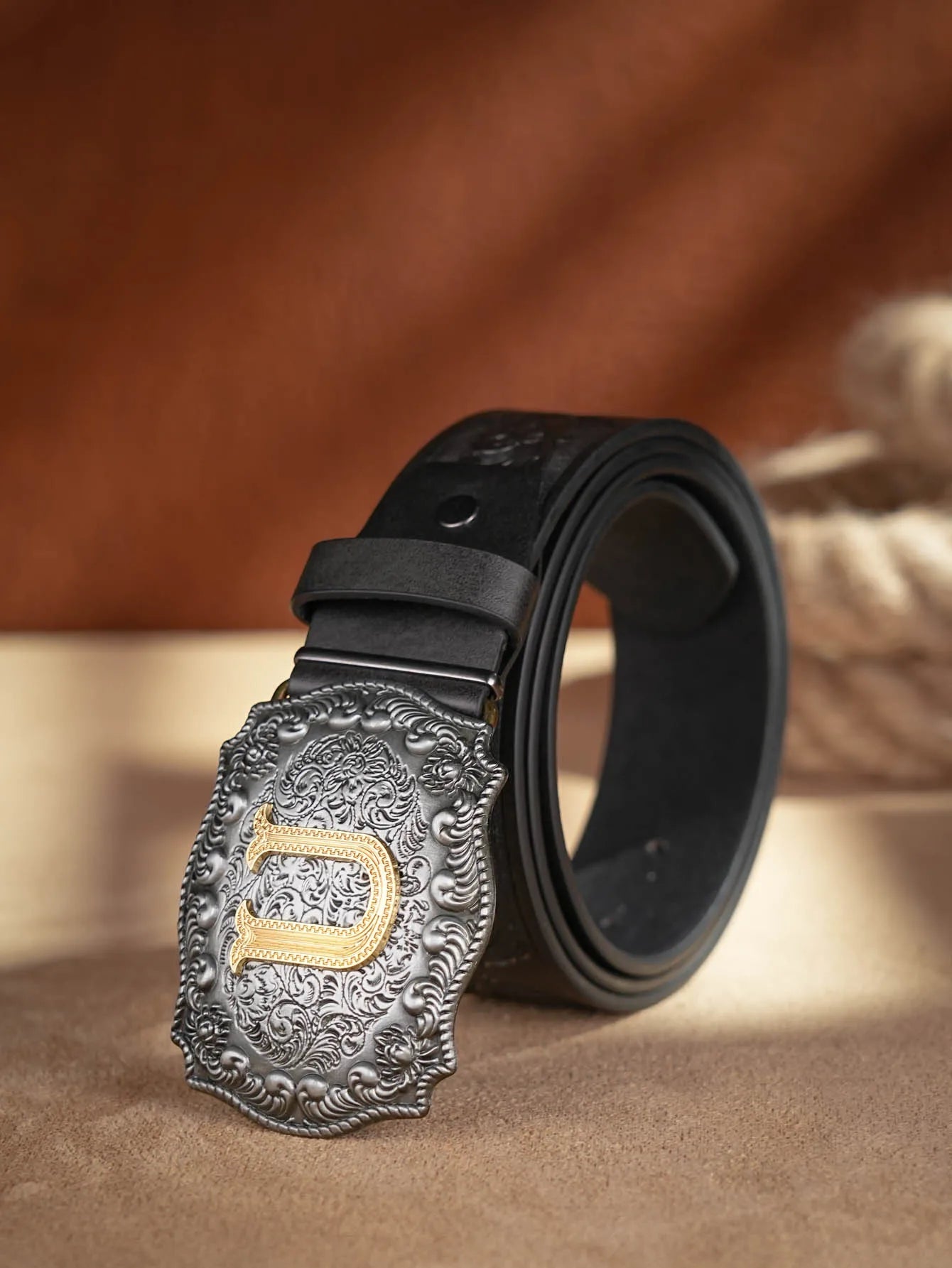 Western Cowboy PU Leather Belt - Men Waist Strap Bull Decoration Floral Engraved for Jeans