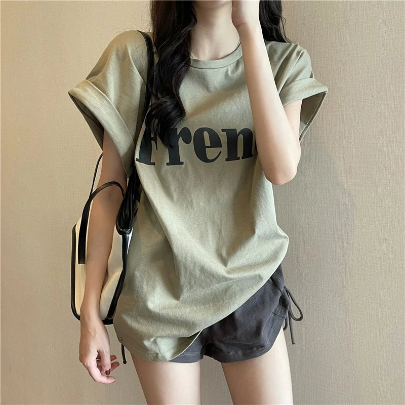 Loose ort Sve T-irt Women's Summer Thin Design Sense Hong Kong Sle Chic Retro Top Trendy round Ne Polyester ...