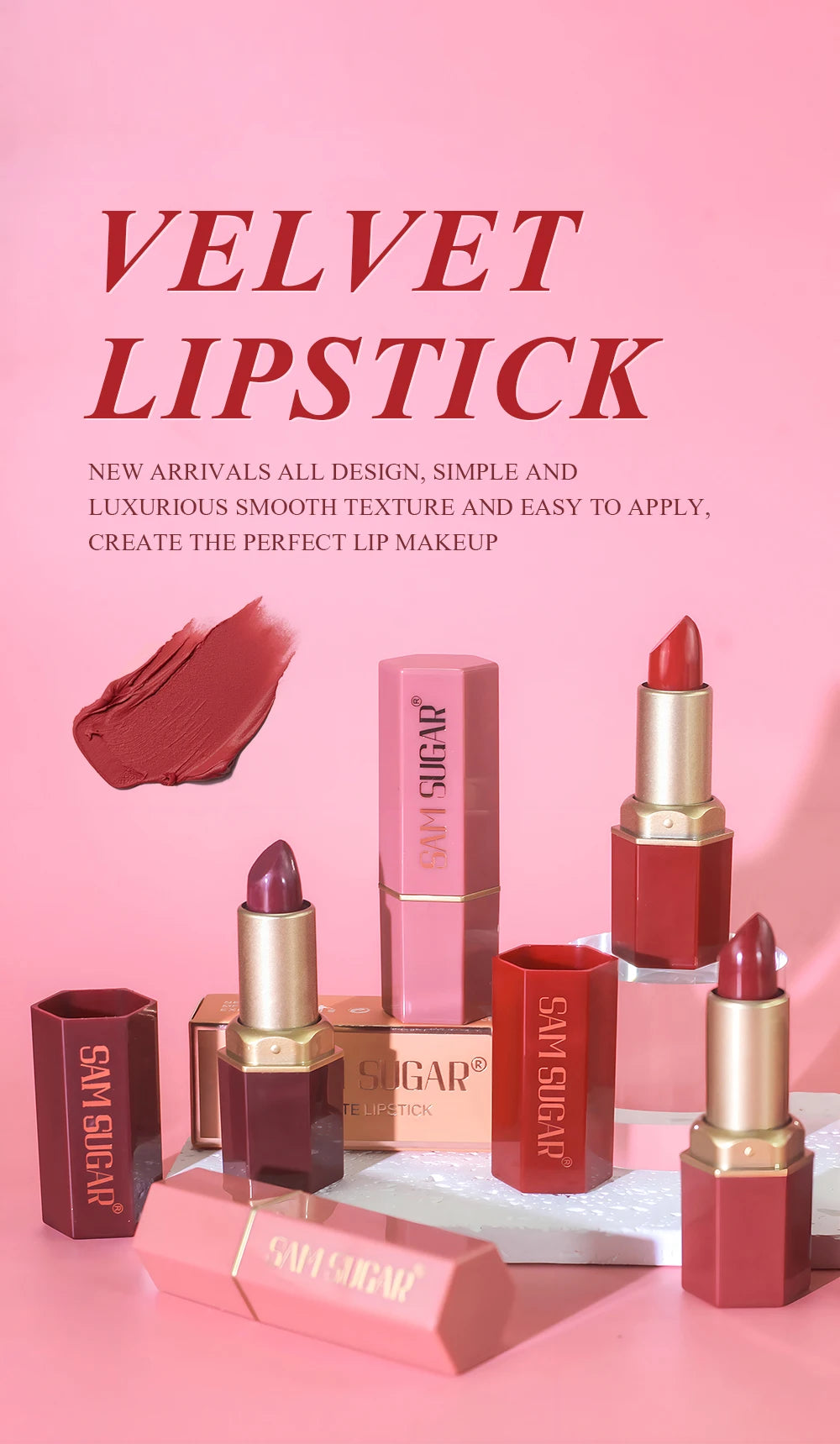 6 Colors Gold Bar Tube Lipstick Matte Texture Pearlescent Glitter Velvet Lipstick Valentine's Day Gift 1PCS