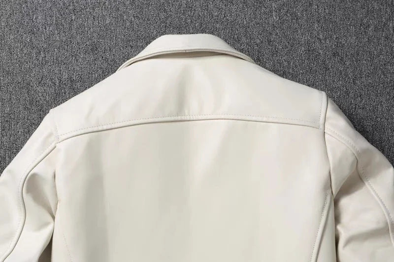 Men's Genuine Leather Jacket White Lapel Calfskin Jacket Natural Cowhide Men's Coat Slim Fit Top Layer Cowhide Biker Jacket