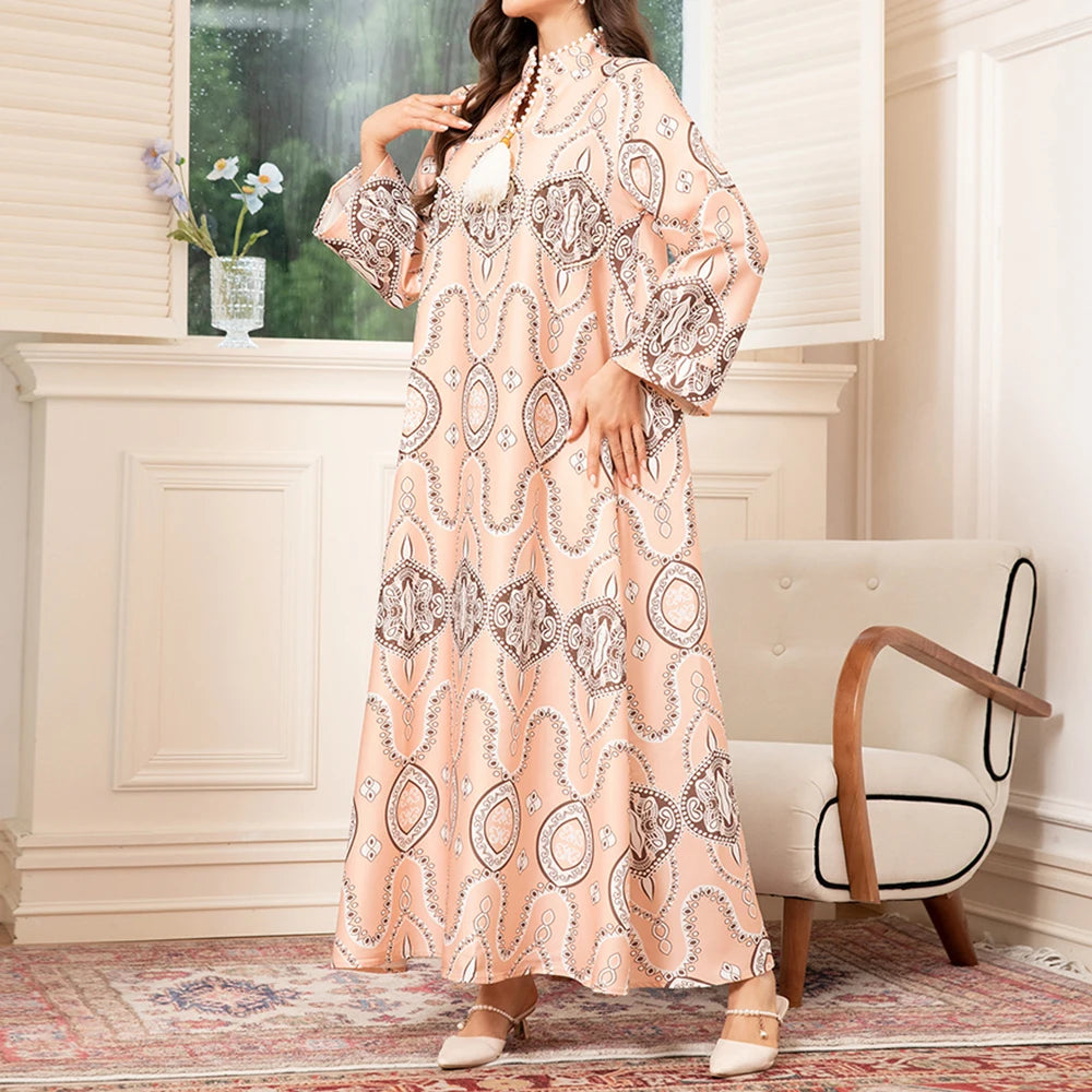 Rafiah Summer Arabian Dress 2025 Classic Traditional Full Print Long Sleeve Half Open Collar Midi A-Line Long Dress For Women
