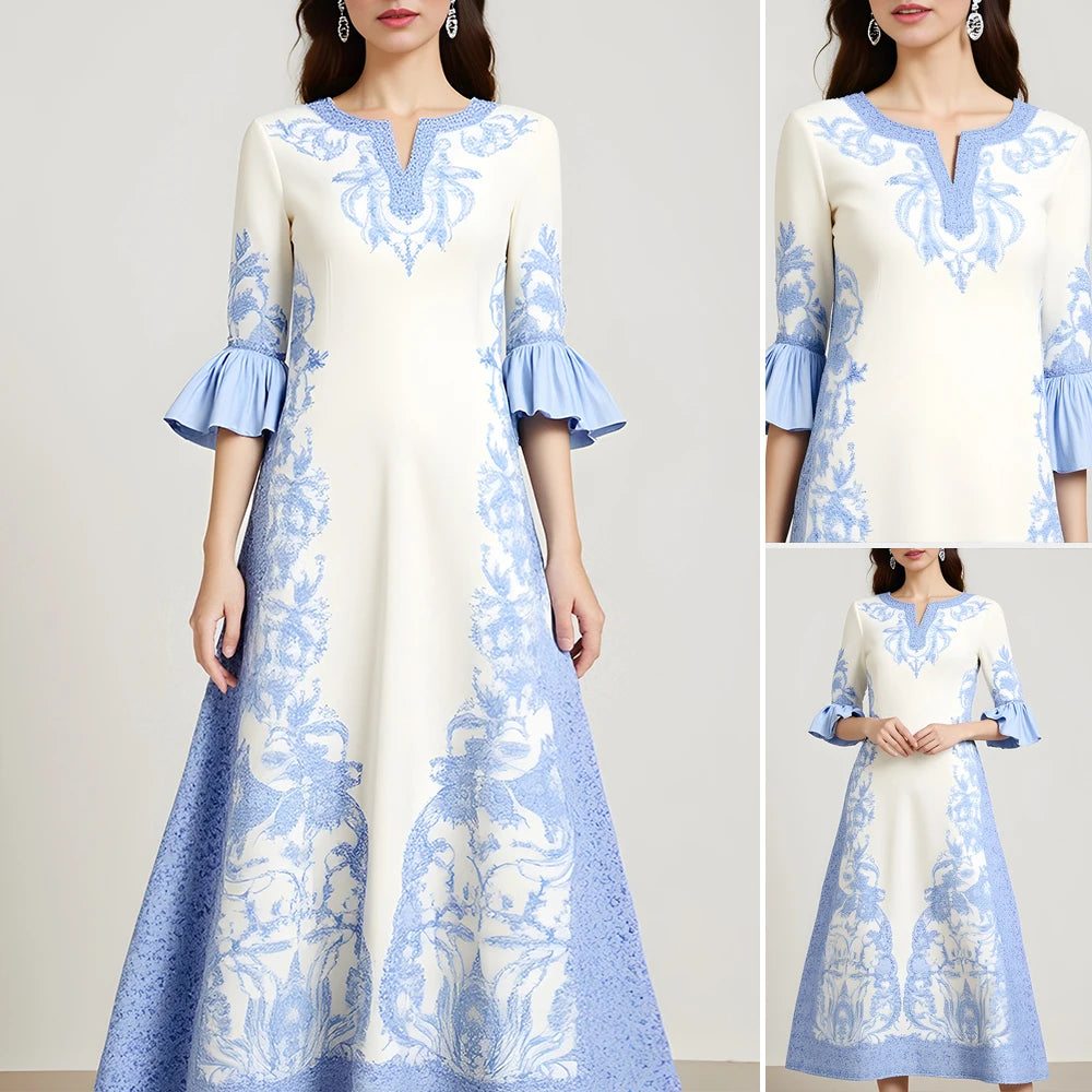 Rafiah Summer Arabian Dress 2025 Casual Traditional Graphic Printing Short Sleeve Split Neck Midi A-Line Long Dress For Women