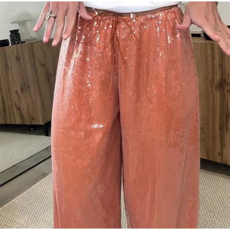 Loose Solid Color Sequin Pants Woman Cinched Waist Glitter Straight Baggy Long Pants Casual Street Chic Sparkle Women's Trousers