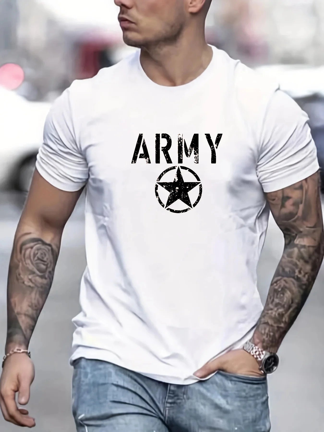 Men's summer 100 cotton fashionable casual loose sports ARMY and five pointed star printed round neck short sleeved T-shirt top