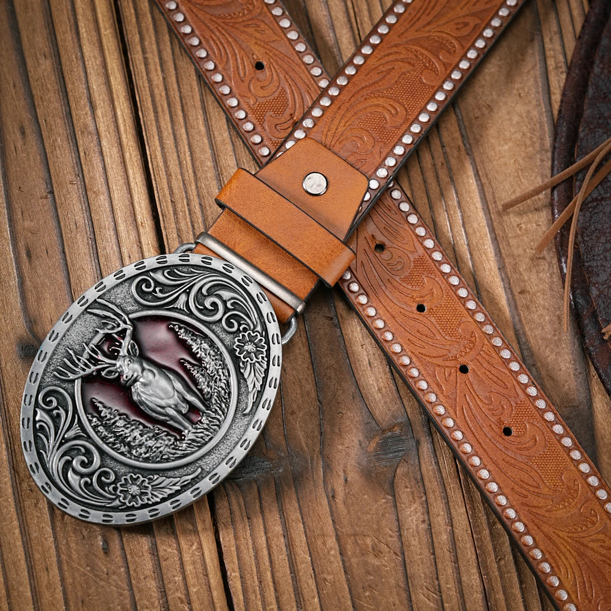 Men - Women - Western Denim - pu leather - Belt - Vintage jeans with floral carved buckle belt