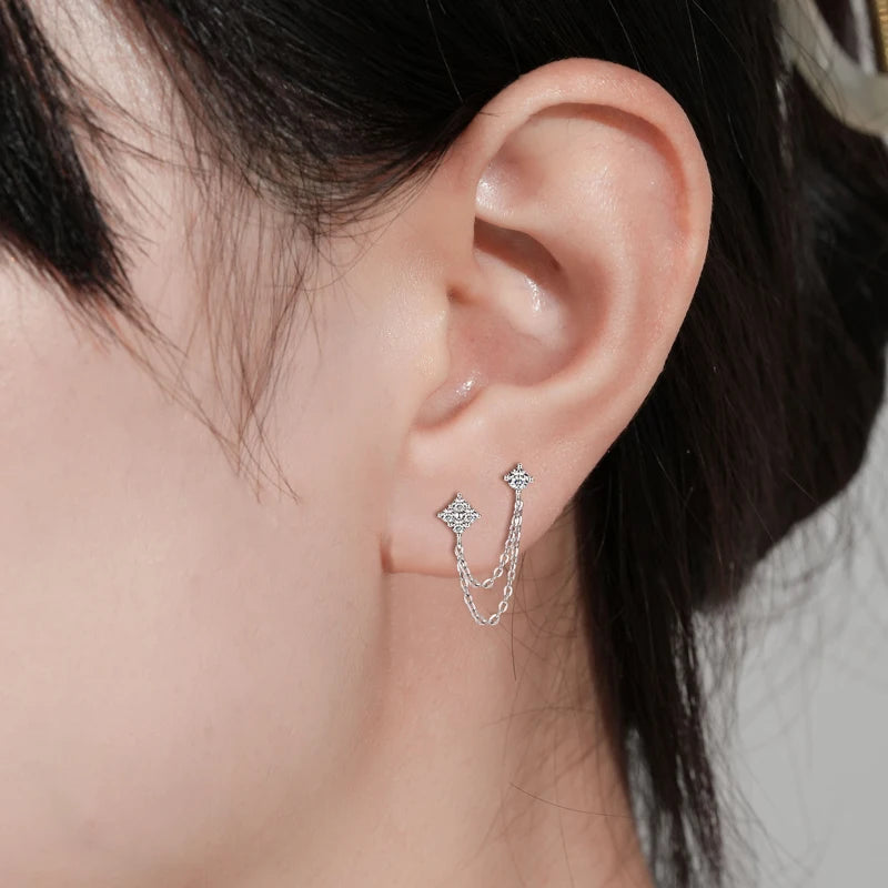 Lnngy 925 Sterling Silver Double Studs Chain Tassel Earrings GRA Certified 3mm&2mm Flower Moissanite Drop Earring For Women Gift