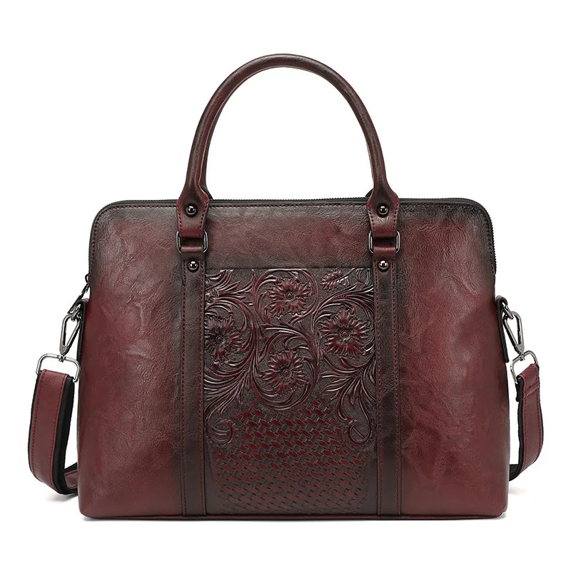 MOTAORA Women's Leather Handbag Large Capacity Vintage Shoulder Bags Female Retro Embossed Women Briefcase For 14 inch Laptop