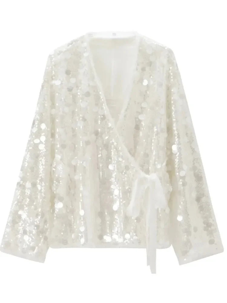 Elegant White Sequins Patchwork Lace-up Cardigan Coat For Women Long Sleeve V-neck Loose Coats Tops Trendy Streetwear Partywear
