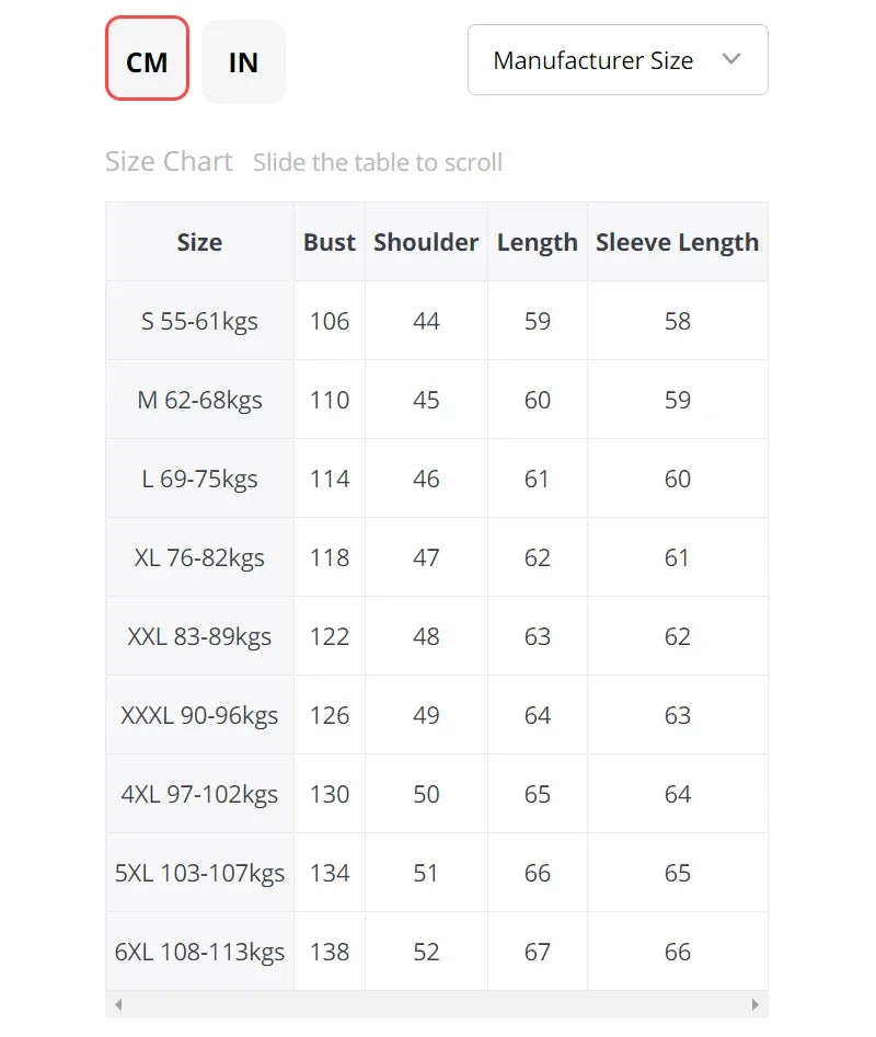 Size chart for clothing with measurements in centimeters and inches