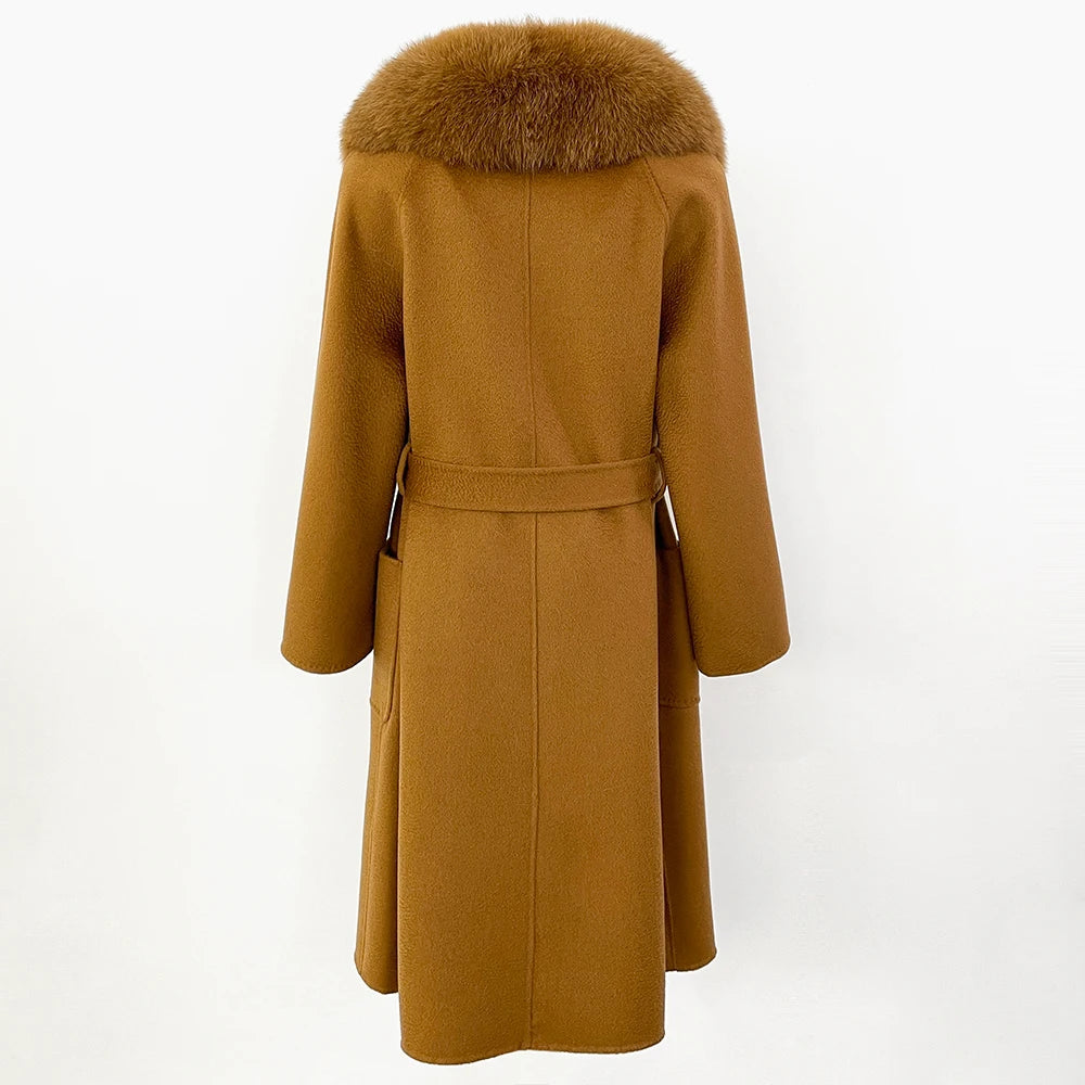 GENHUA 2025 New Casual Fur Coat for Ladies Winter Wool Long Fur Ladies Natural Real Fox Fur Collar Jacket for Ladies Warm Coat