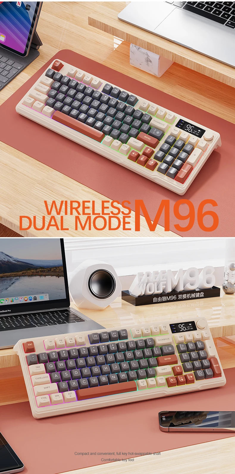 M96 Screen Wireless Keyboard Mouse Kit with Media Knob,ZIYOULANG Bluetooth Keyboard Mouse Combos,Multi-Device Connection,PBT Cap