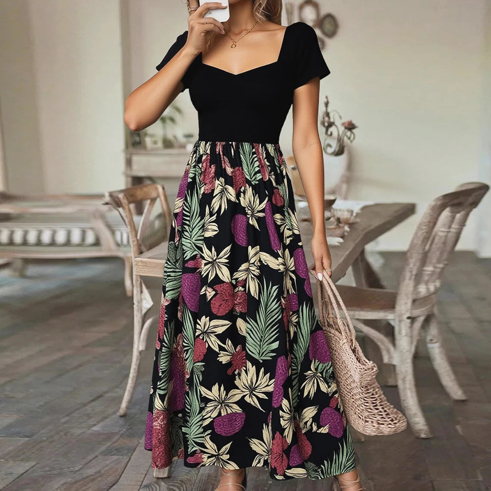 Rafiah Women's Summer Arabian Dress Long Dress 2025 French Sweetheart Neck A-Line Maxi Paisley Casual Dress