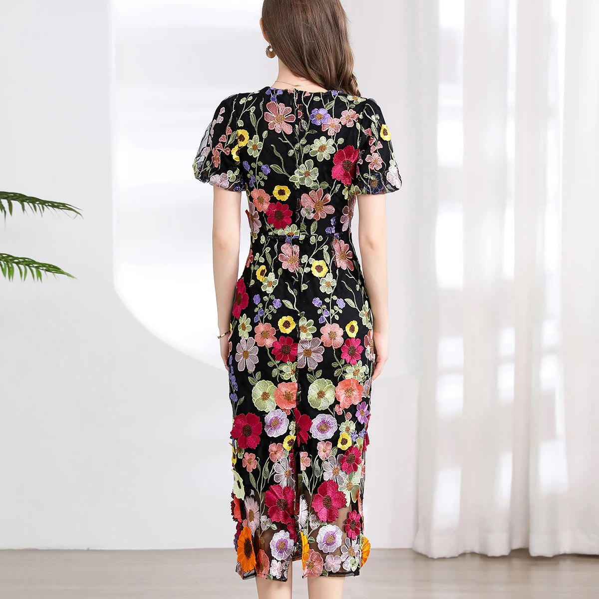 Summer High-end Embroidery Lace Prom Dress Women French Luxury 3D Flower Short Sleeve Long Dress Party Bodycon Holiday Vestido
