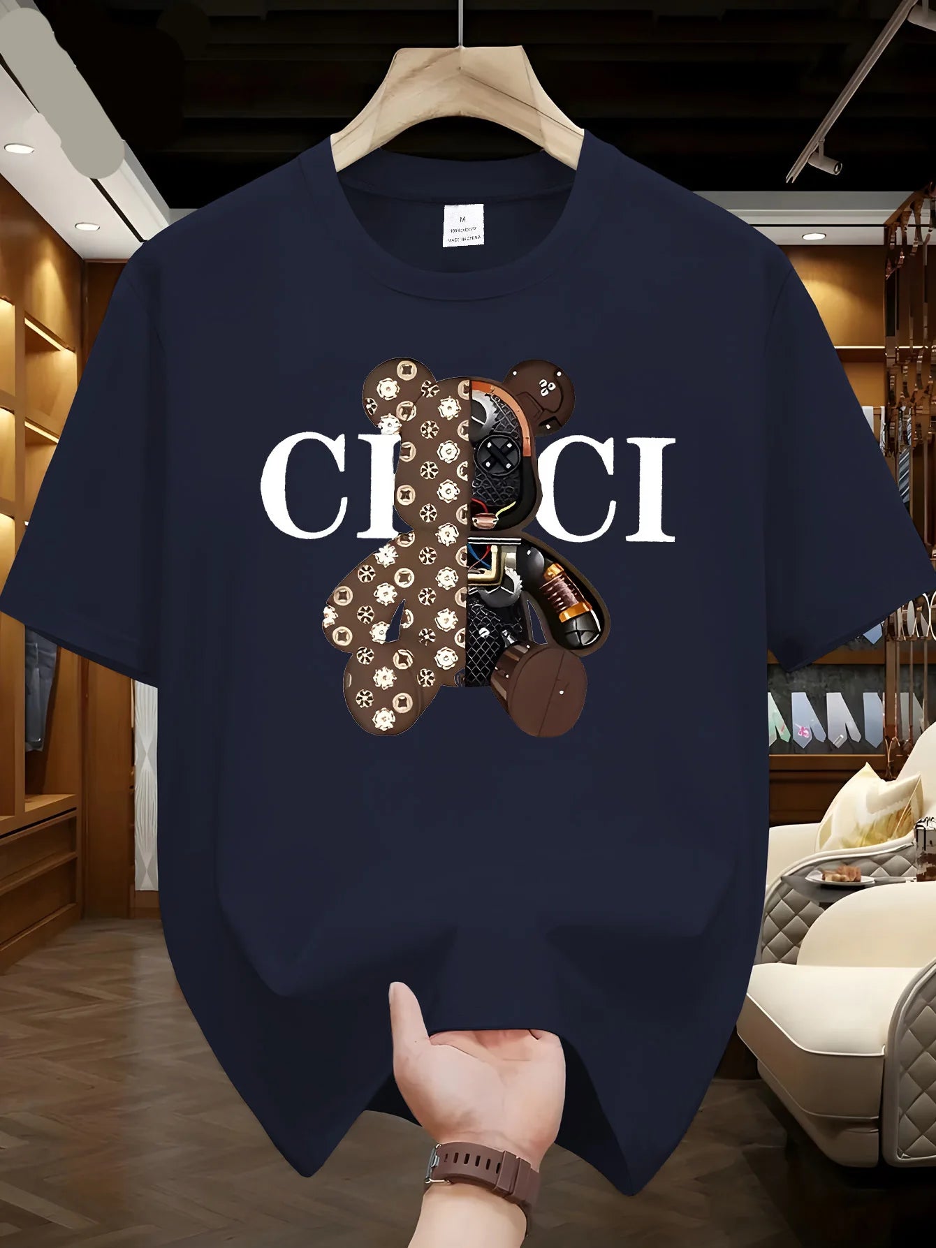 Men's summer 100% pure cotton fashionable casual loose brown mechanical bear cartoon printed round neck short sleeved T-shirt