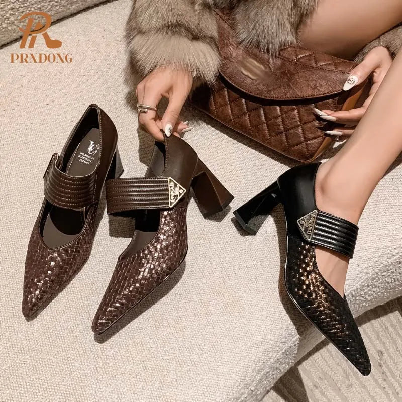 Brown high-heeled shoes with decorative straps on a textured surface, featuring the Pradong brand.
