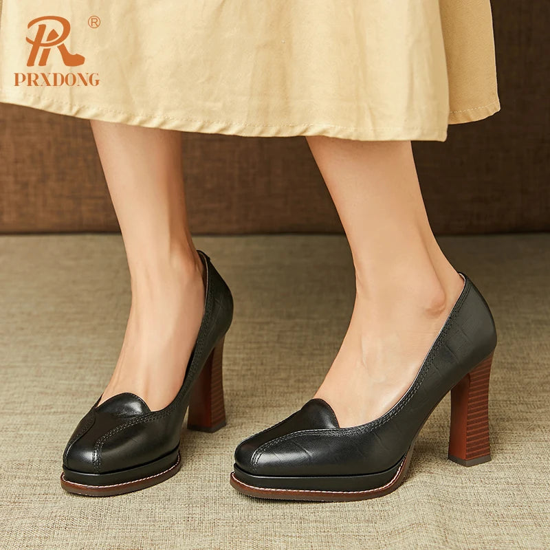 Women’s Genuine Leather Retro Platform High Heels – Black & Brown