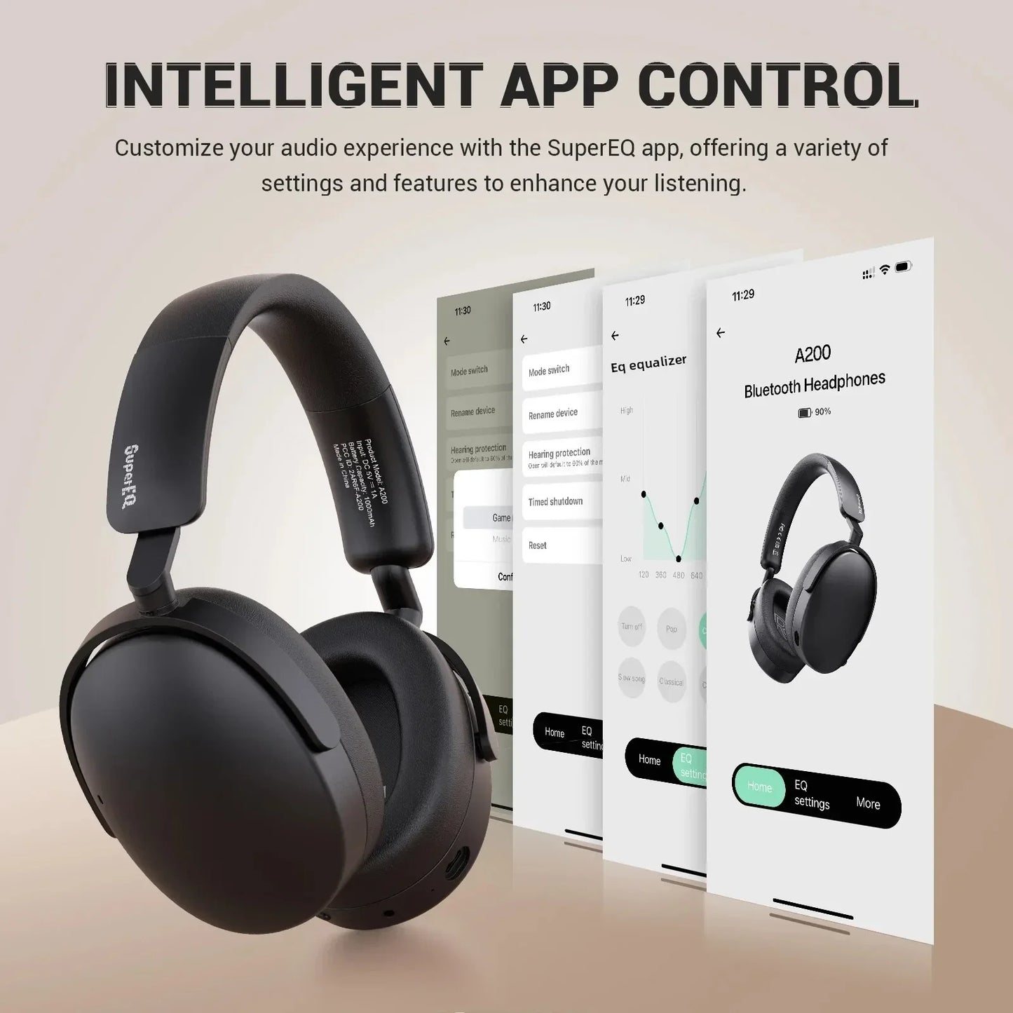 Oneodio SuperEQ A200 ANC Wireless Bluetooth 5.4 Headphones Active Noise Canceling Over Ear Headset With ENC Mic Hi-Res Audio APP
