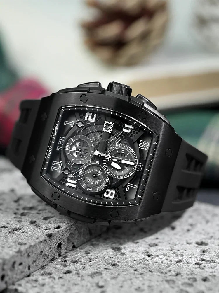 TSAR BOMBA Luxury Mens Watch Top Brand Wristwatch Tonneau Clock Rubber Strap Chronograph Sapphire Watches for Men