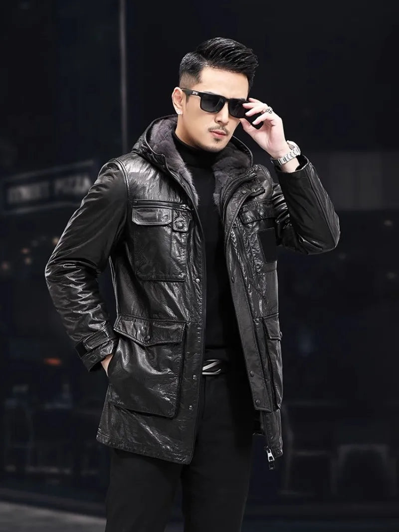 Men’s Oil Wax Cowhide Leather Jacket – Slim Fit Winter Cargo Coat with Mink Fur Lining & Hood