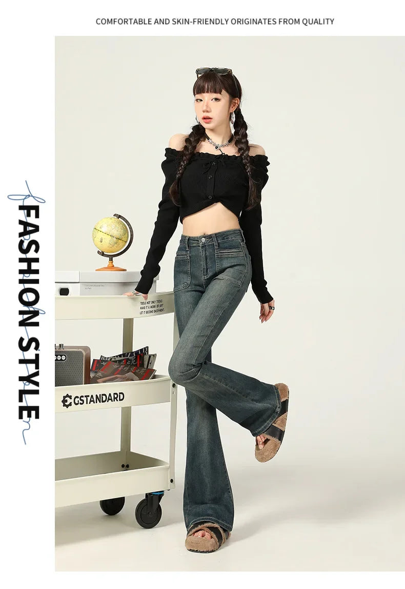 American Style Vintage Jeans Women's Slim Fit High Street Bootcut Pants 2024 Autumn Winter Slimming Petite Bootcut Trousers