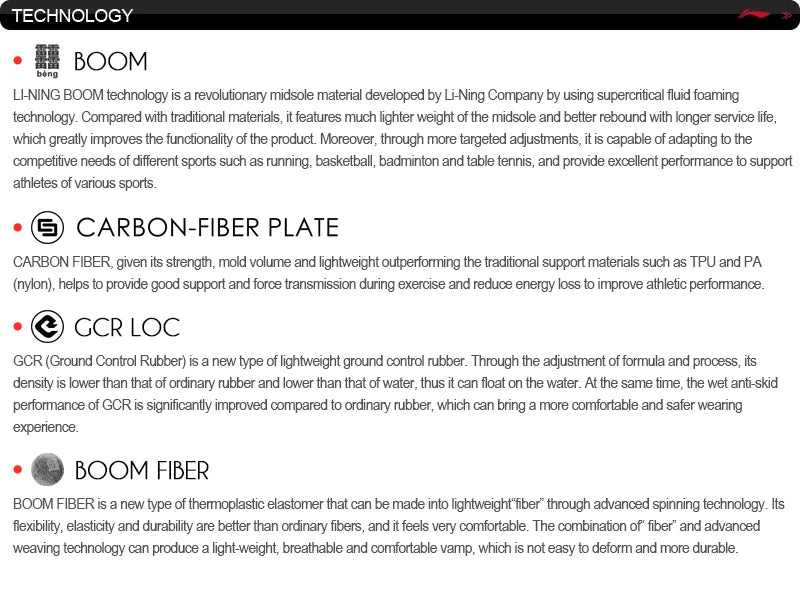 Technical specifications of BOOM technology on a white background