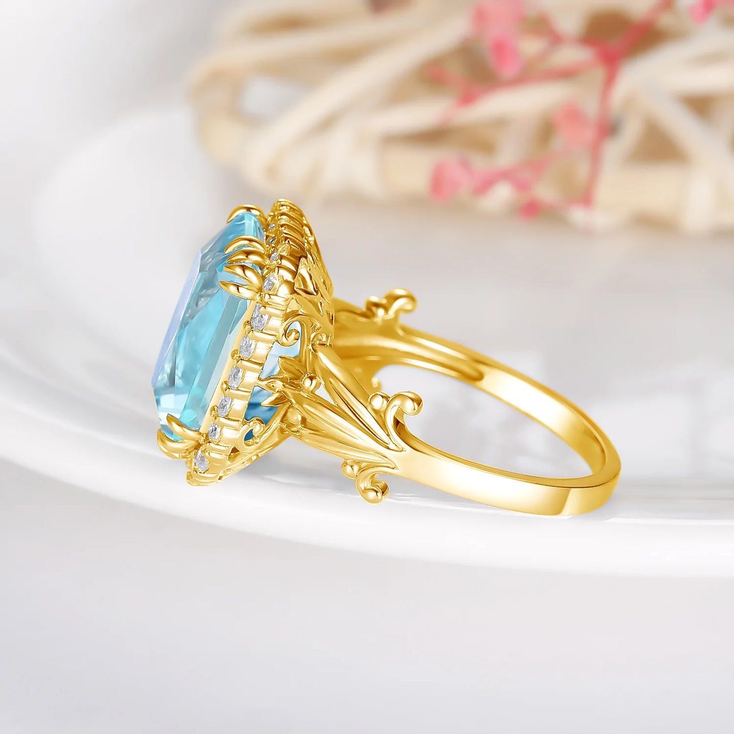 Szjinao High Quality Woman Ring 925 Sterling Silver Aquamarine Rings Gold Plated Luxury Elegant Banquet Party Fine Jewelry