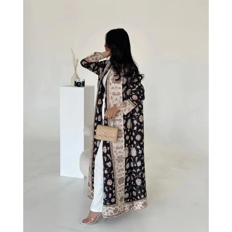 KAF Women Large Size Abaya 2025 Spring Autumn New Retro Printing Cardigan Tie Original Design Dubai Luxury Female Abaya