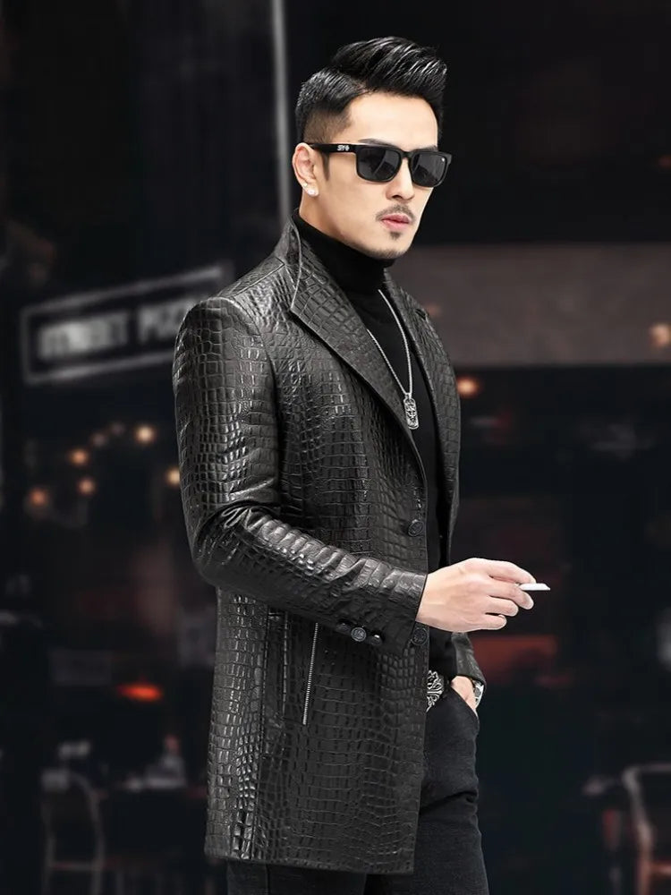 High Quality Luxury Genuine Leather Blazers Men Spring Slim Office Man Embossing Real Sheepskin Coat Suit Jacket Size Runs Small
