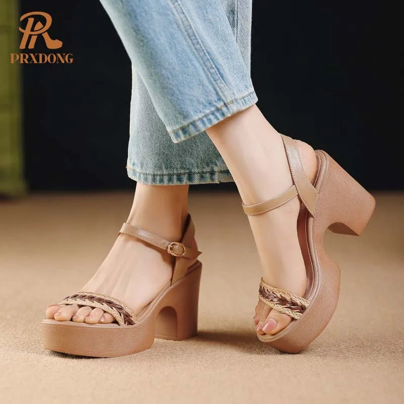 GrabliWorld Women's Genuine Leather Chunky High Heel Platform Sandals Apricot Brown Size 39